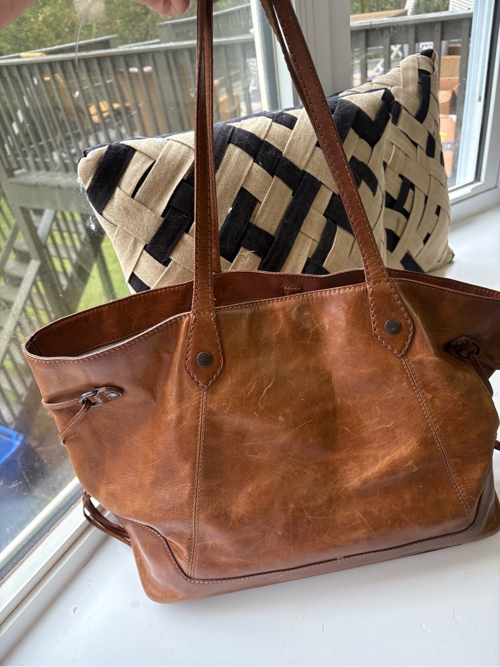 Frye Large Cognac Brown Distressed Leather Ring Tote Shoulder Bag